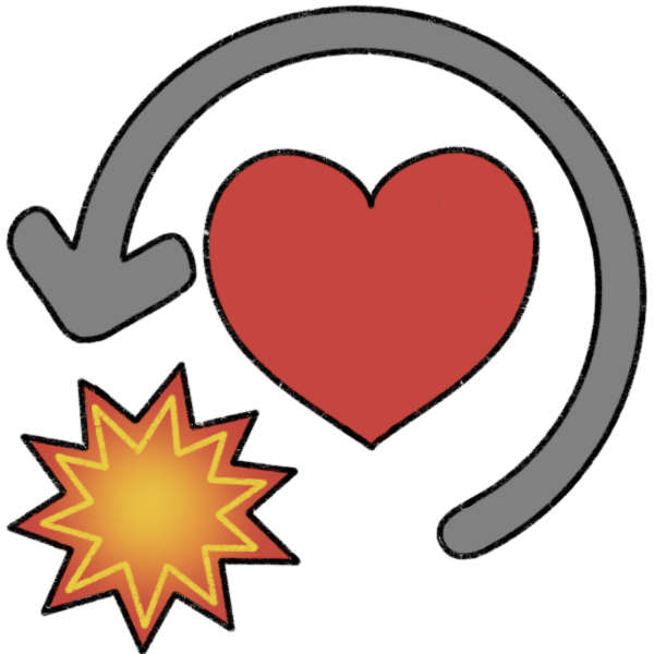  a red heart is surrounded by a circular arrow, which points to an orange spiky shape.